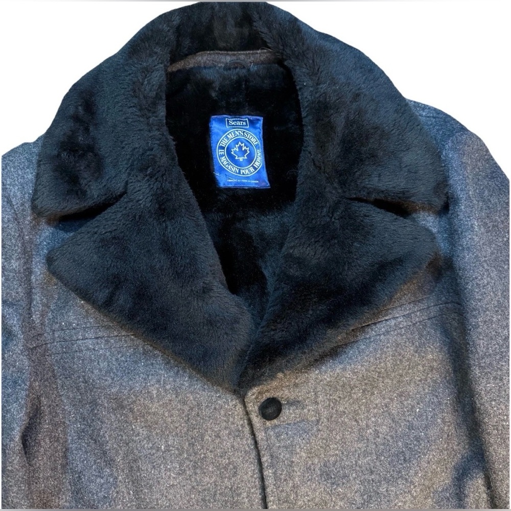 Sears Chesterfield Overcoat Mens 2XL 54 Faux Fur Collar Gray Wool Blend Lined